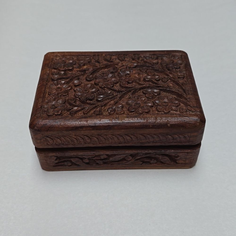 VTG Hand Carved Wooden Floral Trinket Box Blue Velvet Lined Keepsake